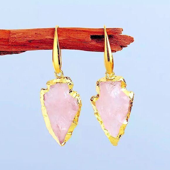 ROSE QUARTZ 14K GOLD PLATED EARRINGS - Picture 4 of 5